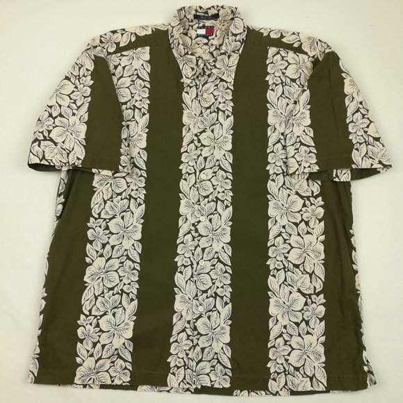 Vintage 2000 Tommy Hilfiger Shirt Hawaiian Floral Button Up Y2K Green Mens XL - Picture 2 of 8